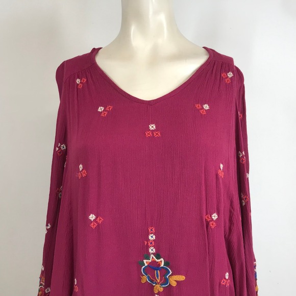 Free People Embroidered V Neck Long Sleeve Mini Dress Berry Size L - Picture 2 of 8